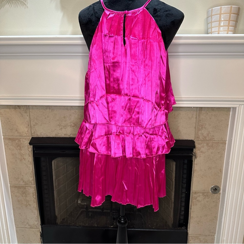 Hot Pink Tiered Pleated Ruffle Mini Dress size Medium Wedding Guest Party Dress - Picture 6 of 6